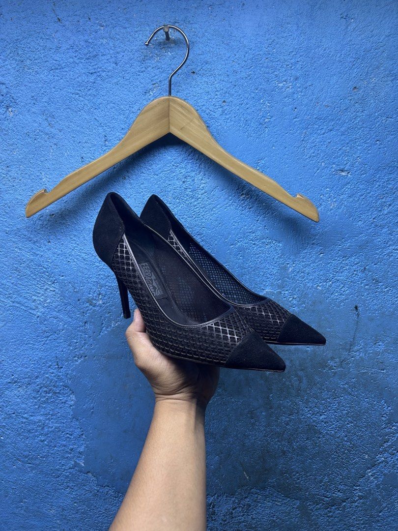 Salvatore Ferragamo Black Suede Mesh Pointed Toe Heels (Category: Heels) located in Quezon City. Submitted by thriftxgoods (Listing ID 1461659080, Image 1). Description: - Authentic Salvatore Ferragamo heels - Elegant black suede and mesh design - Sophisticated pointed toe style - Made in Italy - Size 9 - Versatile for dressing up any outfit.