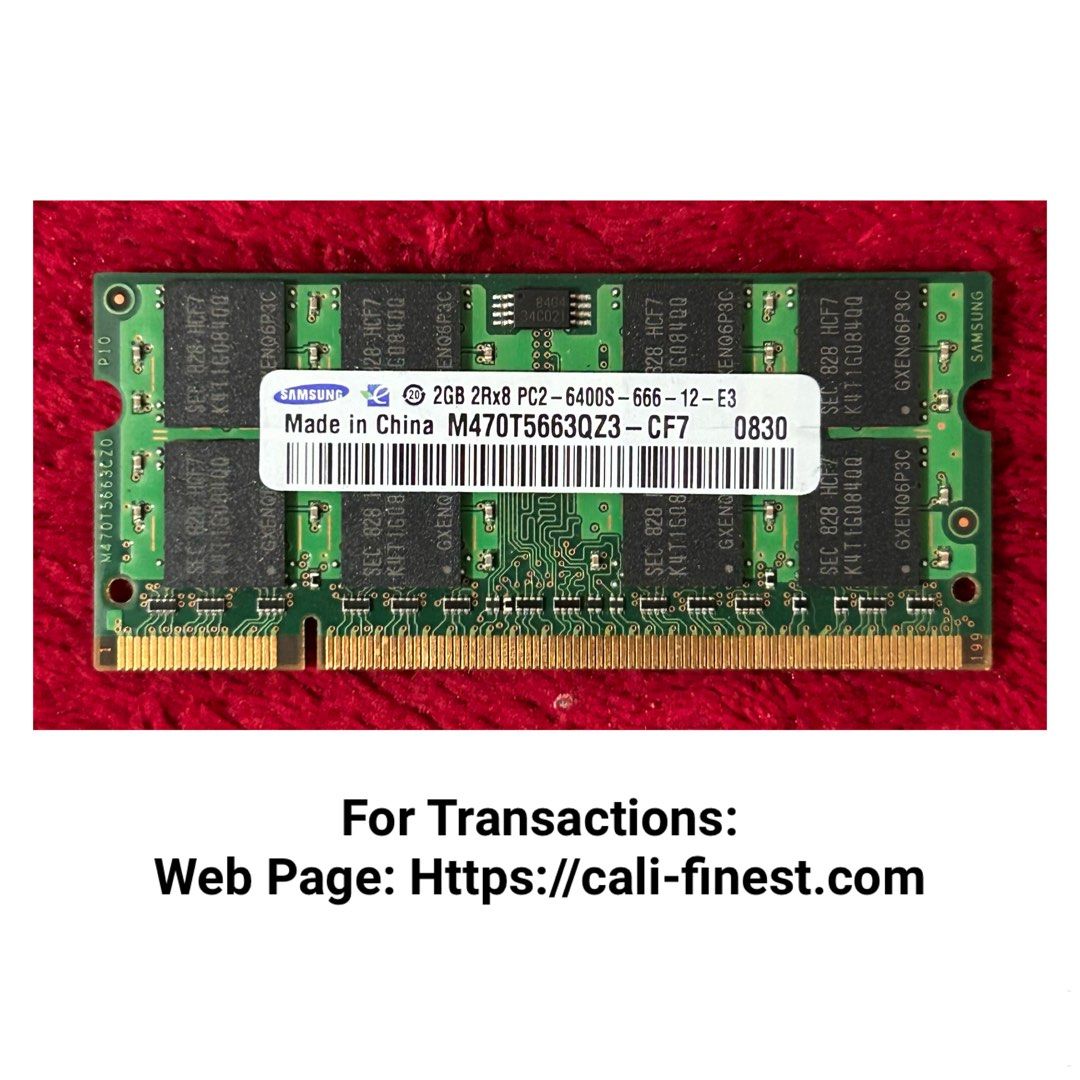 Samsung 2GB DDR2 Laptop Memory Ram (Category: Computer Parts) located in Pasig City. Submitted by califinestcollectibles (Listing ID 1461619562, Image 1). Description: Samsung 2GB DDR2 Laptop Memory Ram EL#0026 2GB DDR2 Original/Authentic From USA Pick Up at One Oasis condominium ortigas extension pasig city Or Delivery via Lalamove,Jnt, LBC cod/cop JNT (payment first basis,gcash) THANKYOU.