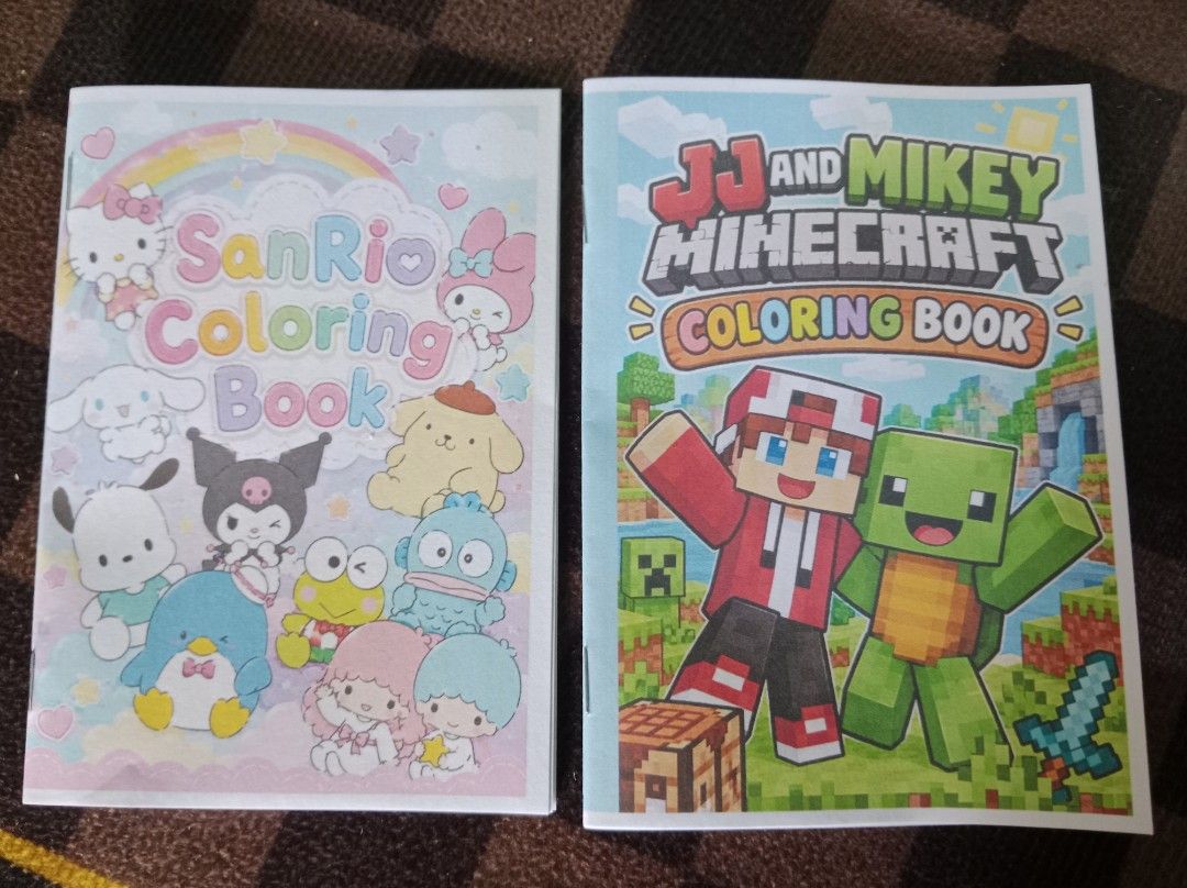 Sanrio and Minecraft Coloring Books Set (Category: Children's Books) located in Bulacan. Submitted by page5877bookshoppe (Listing ID 1461774745, Image 1). Description: - Two fun coloring books for kids! - Book 1: Features beloved Sanrio characters like Kitty and My Melody. 10 Pesos each - Book 2: A JJ and Mikey Minecraft coloring book. - Ideal for children who enjoy coloring and drawing. - Keeps little ones entertained for hours. - Both books are