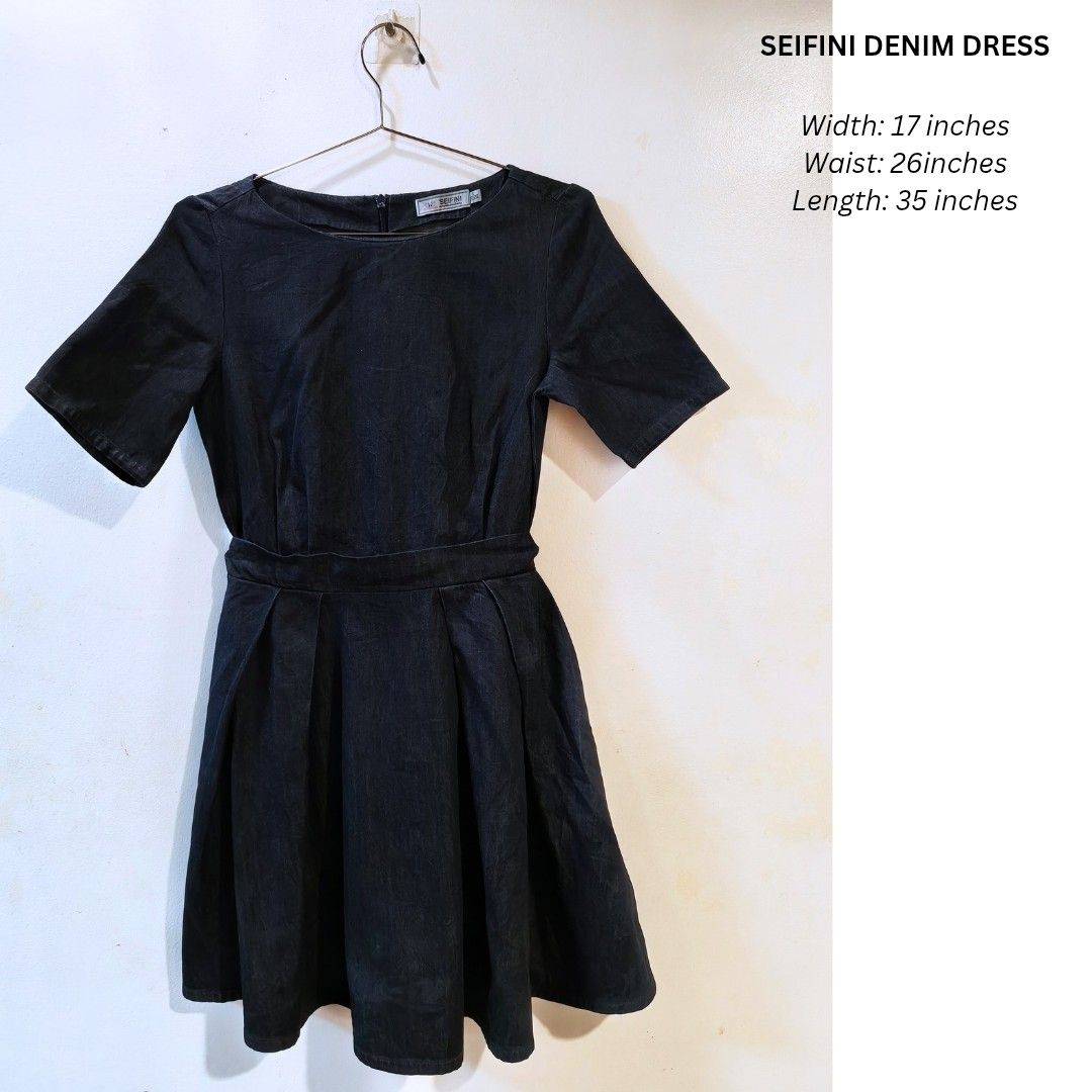 SEIFINI DENIM DRESS (Category: Dresses) located in Quezon City. Submitted by trendyretro (Listing ID 1461639076, Image 1). Description: used only once looks brand new 💯 dark blue denim thick denim small on tag.