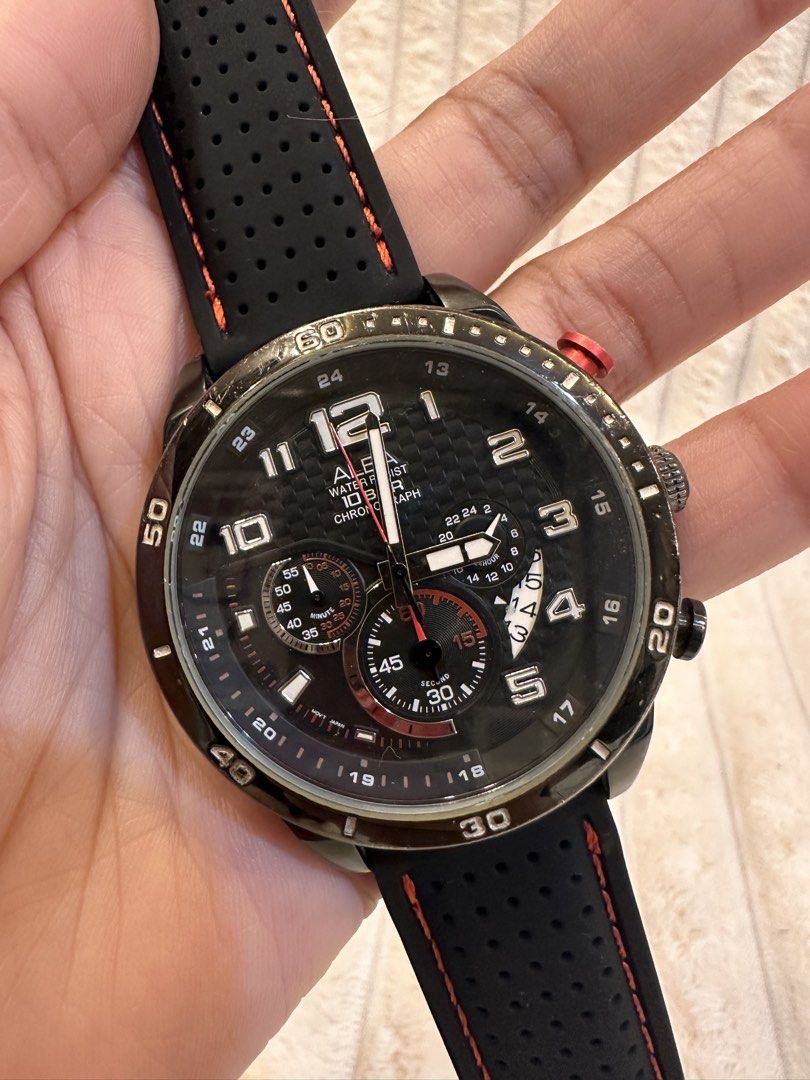 Seiko Alba Active Chronograph (Category: Men's Watches) located in Pasig City. Submitted by surplusatbp (Listing ID 1461566119, Image 3). Description: Alba Active Chronograph Description: Bold and aggressive multi-sub-dial sport chronograph from Seiko’s sub-brand, featuring high-contrast tactical styling and robust water resistance. Case Size: 49.3mm | Wrist Size: Fits up to 21 cm Features & Selling Points: * Deep textured black dial accented wit