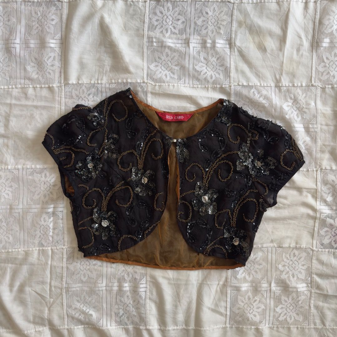 Sequin Bolero (Category: Blouses) located in Cebu City. Submitted by marikit_thrift (Listing ID 1461688038, Image 2). Description: Sequin Bolero -beads in tact -has clasp infront -L on tag -b-30, L-14.