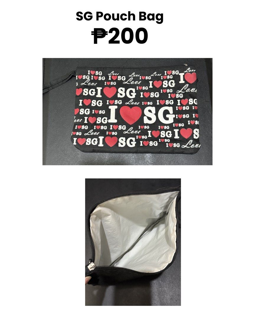 SG Pouch Bag (Category: Purses & Pouches) located in Manila. Submitted by gooddealsmanila (Listing ID 1461672052, Image 1). Description: - Cute pouch bag with all-over 'I Love SG' print. - Black color with red and white design. - Secure zipper closure. - Lined interior in a light color. - Ideal for organizing small essentials or as a travel pouch..