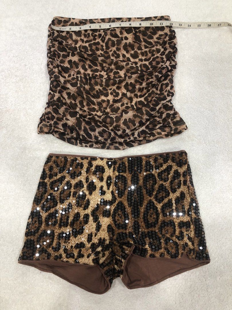 SHEIN Leopard Print Tube Top & Sequin Shorts Set (Category: Sets or Coordinates) located in Manila. Submitted by janmichael26601 (Listing ID 1461615478, Image 1). Description: - SHEIN leopard print tube top with ruched detailing. - Matching shorts are fully sequined with a brown lining. - Ideal for a night out or a costume party. - Measurements are provided in the product photos..