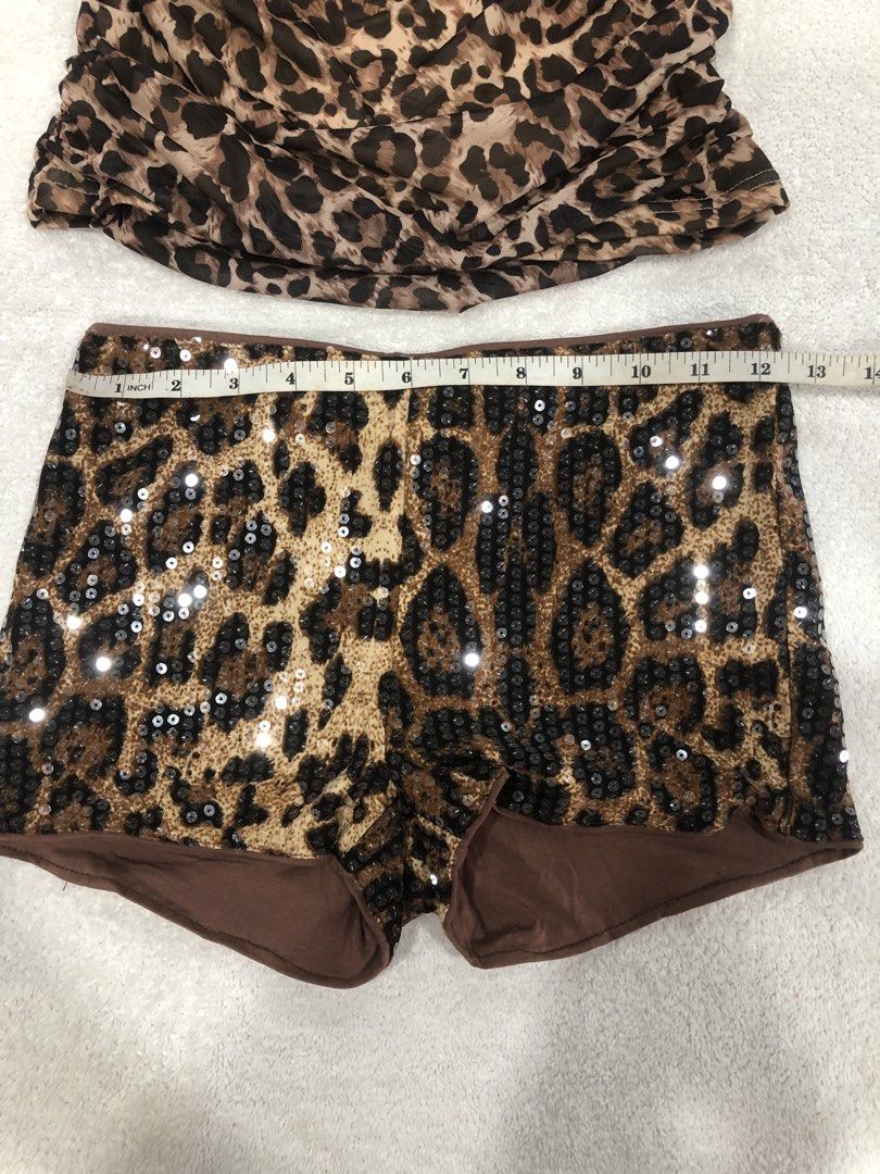 SHEIN Leopard Print Tube Top & Sequin Shorts Set (Category: Sets or Coordinates) located in Manila. Submitted by janmichael26601 (Listing ID 1461615478, Image 2). Description: - SHEIN leopard print tube top with ruched detailing. - Matching shorts are fully sequined with a brown lining. - Ideal for a night out or a costume party. - Measurements are provided in the product photos..
