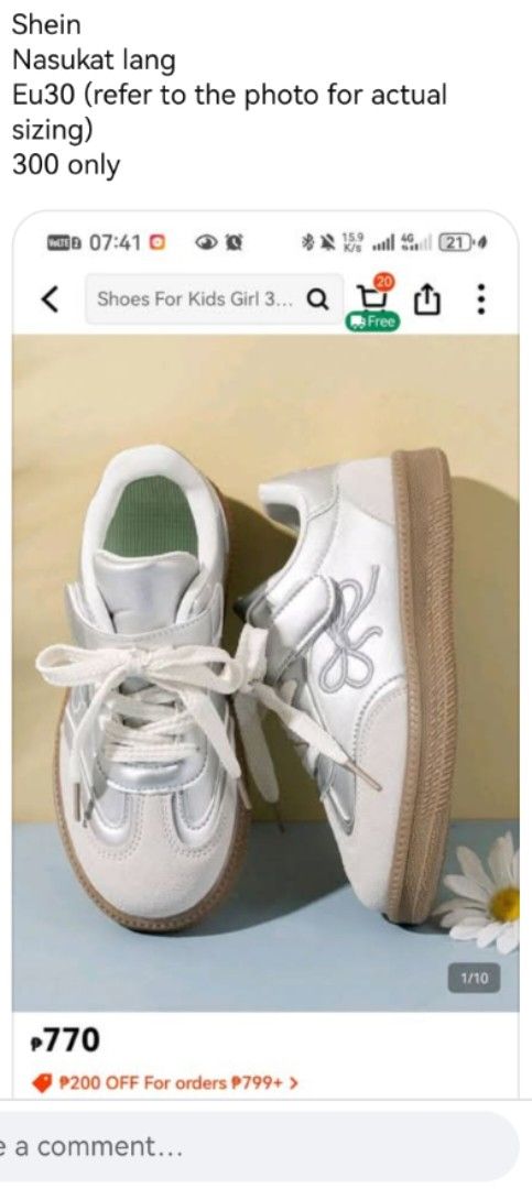 Shein White and Silver Sneakers EU 30 (Category: Babies & Kids Fashion) located in Cabanatuan. Submitted by saffy17 (Listing ID 1461589405, Image 1). Description: - Brand: Shein - Color: White & Silver - Size: EU 30 (Please check photos for exact measurements) - Condition: Like New (Only tried on) - Price: PHP 300 - Ideal for: Little girls seeking comfy and stylish footwear.