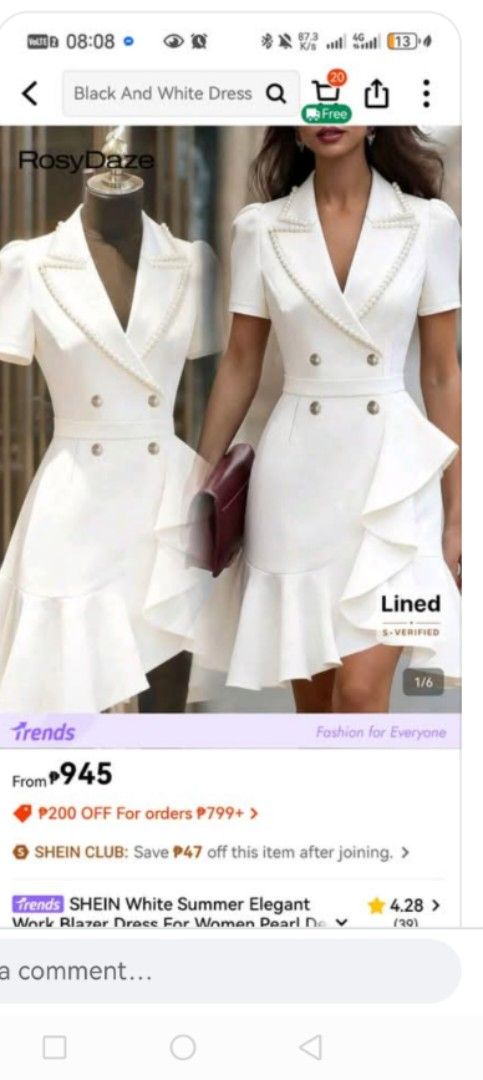 SHEIN White Summer Elegant Work Blazer Dress (Category: Dresses) located in Cabanatuan. Submitted by saffy17 (Listing ID 1461588426, Image 1). Description: - White blazer dress - Size: Large - Condition: Worn only once - Features: Pearl details on collar and buttons, ruffled hem skirt - Ideal for: Events or work .