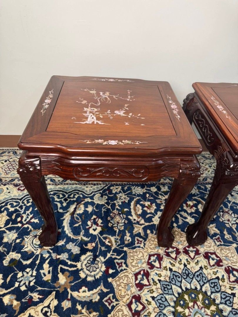 Side Table (Category: Tables & Sets) located in Meycauayan. Submitted by marygracecasimiro (Listing ID 1461735994, Image 2). Description: Available - Vintage Oriental Pearl Inlaid Side Table Solid wood In good condition - minimal scratches/dents 7.5k each Please check photos before buying✅ DM to purchase 🧡 Please manage your expectations all items are vintage unless stated otherwise. Major issues will be stated or shown through pictures if there