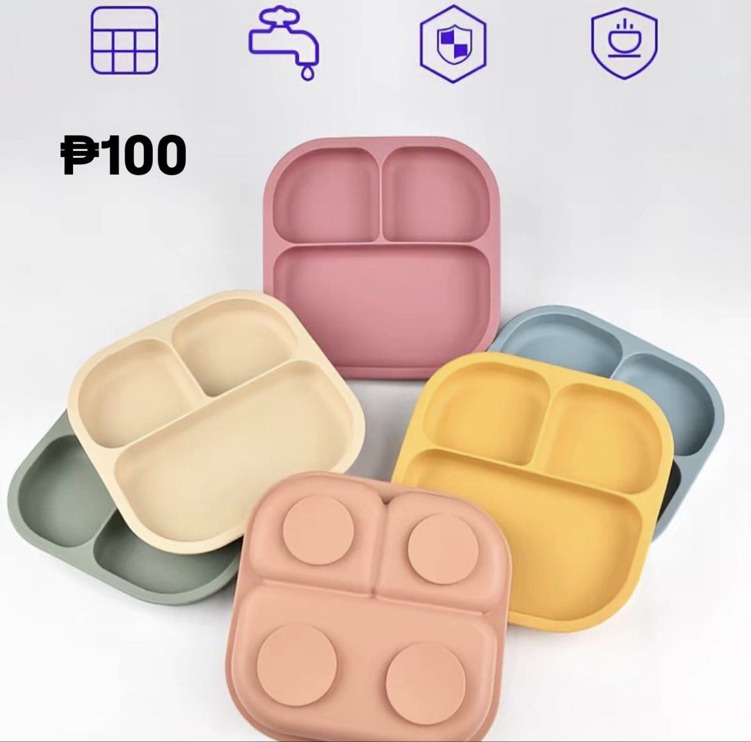 Silicone Divided Toddler Plates - Multiple Colors Available (Category: Weaning & Toddler Feeding) located in Batangas. Submitted by raisahkyrsten (Listing ID 1461566727, Image 1). Description: - Made of safe, food-grade silicone - Divided sections for easy meal separation - Strong suction base to prevent spills - Easy to clean and dishwasher safe - Available in lovely pastel colors - Perfect for babies and toddlers during mealtimes - Price is for