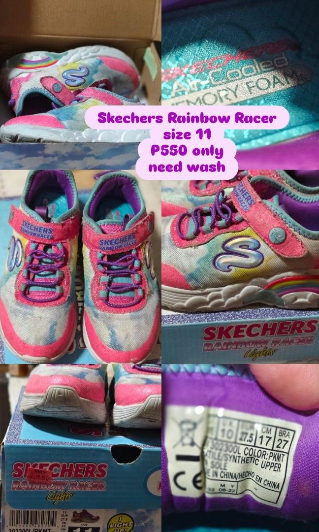 Skechers Rainbow Racer Lights (Category: Babies & Kids Fashion) located in Muntinlupa City. Submitted by ilovemycloset (Listing ID 1461580165, Image 1). Description: Still in good condition, outgrown only. Original mall bought. With light on 1 shoe only. Needs wash, selling low..