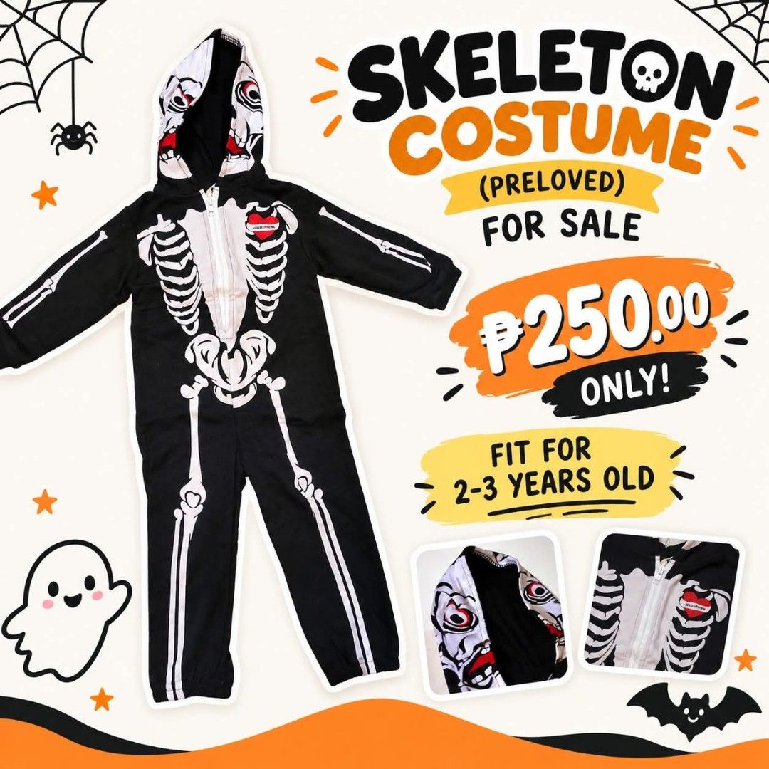 Skeleton Costume for 2-3 Years Old (Category: Babies & Kids Fashion) located in Cavite. Submitted by shabrmdz (Listing ID 1461566590, Image 1). Description: - Skeleton costume - Fits 2-3 years old - Ideal for Halloween or dress-up parties - Selling for only P250.00 - Perfect for your little one's fun adventures!.