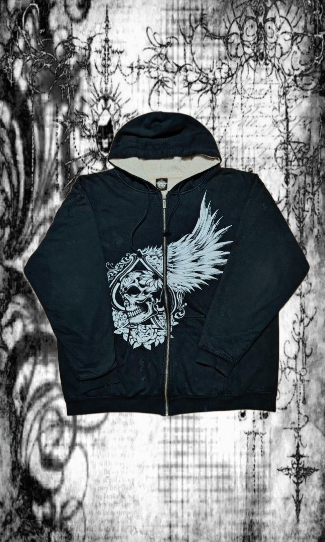 Skull Zip-up Hoodie (Category: Coats, Jackets and Outerwear) located in Manila. Submitted by redthrifts (Listing ID 1461577257, Image 1). Description: 24-25W x 30L 8.5/10 Condition Issues: Pen/Pinholes (shown in the pics) Heavy sya, not polyester.