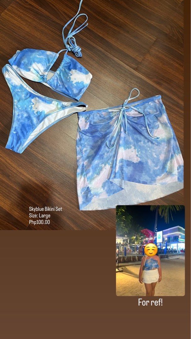 Sky Blue Tie-Dye Bikini Set with Sarong (Category: Bikinis & Swimsuits) located in Caloocan City. Submitted by towtsph (Listing ID 1461596252, Image 2). Description: - Cute sky blue tie-dye bikini set - Includes bikini top, bikini bottom, and matching sarong - Sarong ties at the side - Perfect for beach days or pool parties - Size: Large - Price: Php100.00.