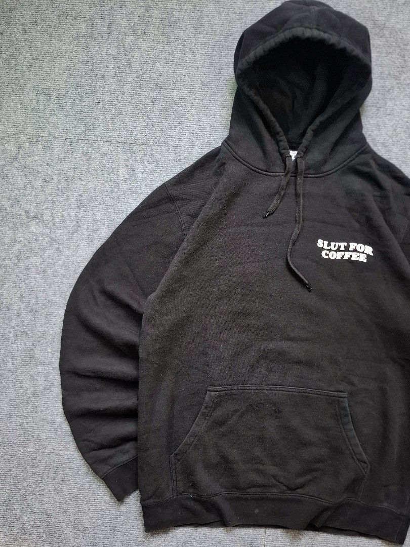 Slut for Coffee Black Graphic Pullover Hoodie (Category: Hoodies) located in Las Pinas. Submitted by nevergetsold.ph (Listing ID 1461745291, Image 2). Description: Black Graphic Pullover Hoodie Dimentions (inches) Width: 25 Length: 29 Sleeve Lenght: 27 Issues: small pinhole.