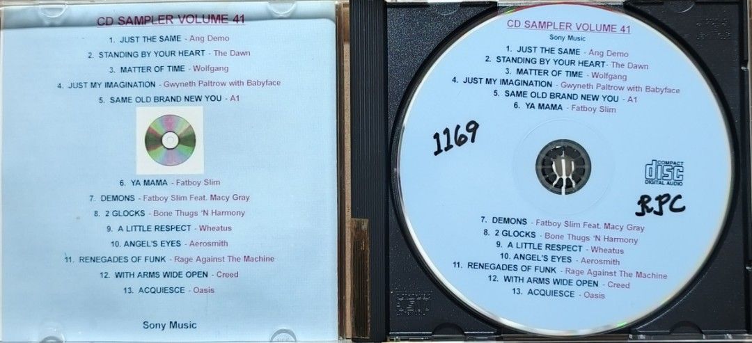 Sony Music CD Sampler Volume 41 (Category: CDs & DVDs) located in Manila. Submitted by ruelcabrer77078 (Listing ID 1461772457, Image 2). Description: - Sony Music CD Sampler Volume 41 - Features artists like Ang Demo, The Dawn, Wolfgang, and more - Includes songs from albums "Still", "Prodigal Sun", and "Acoustica" - A must-have compilation for music lovers.
