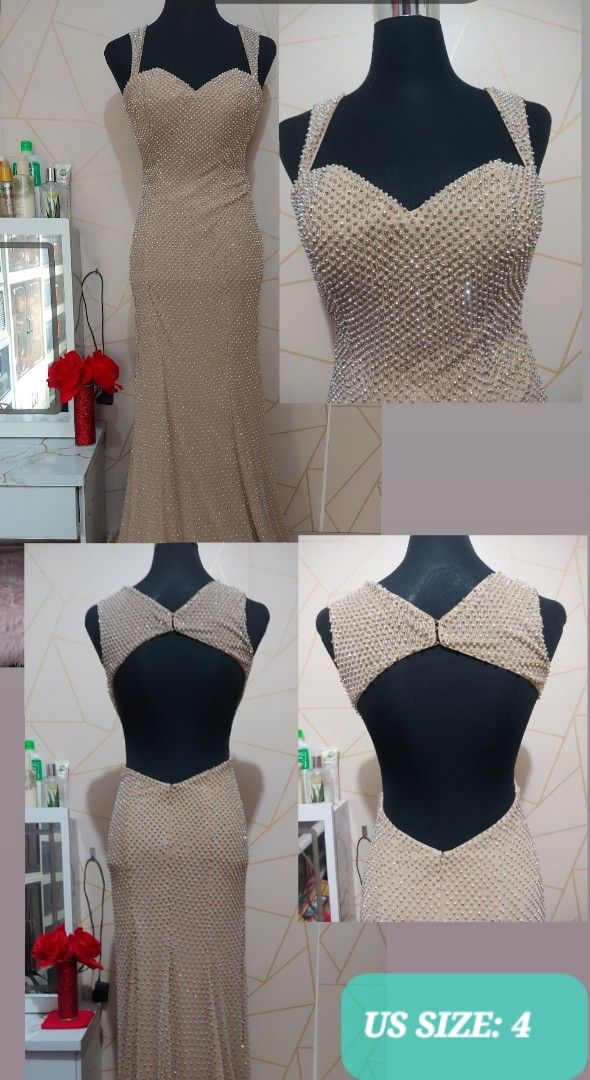Sparkly Beaded Formal Dress with Open Back (Category: Evening dresses & gowns) located in Manila. Submitted by jollyann_b1990 (Listing ID 1461735575, Image 1). Description: - Elegant beaded mermaid-style formal dress - Flattering sweetheart neckline with embellished straps - Chic open back with V-shaped detail - Floor-length design for a dramatic silhouette - Perfect for weddings, galas, and other special occasions - US Size 4.