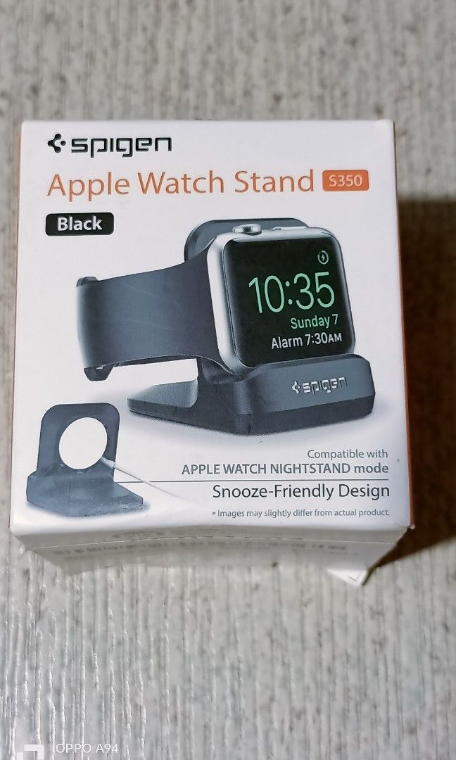 Spigen apple watch stand (Category: Wearables & Smart Watches) located in Quezon City. Submitted by Bernz (Listing ID 1461572290, Image 1). Description: Key FeaturesNightstand Mode: Positions the watch horizontally so it can function as a bedside clock while charging.Snooze-Friendly Design: Built so you can easily tap your watch to snooze alarms without knocking it over.Stable Base: Features a non-slip bottom surface that sticks well to flat surf