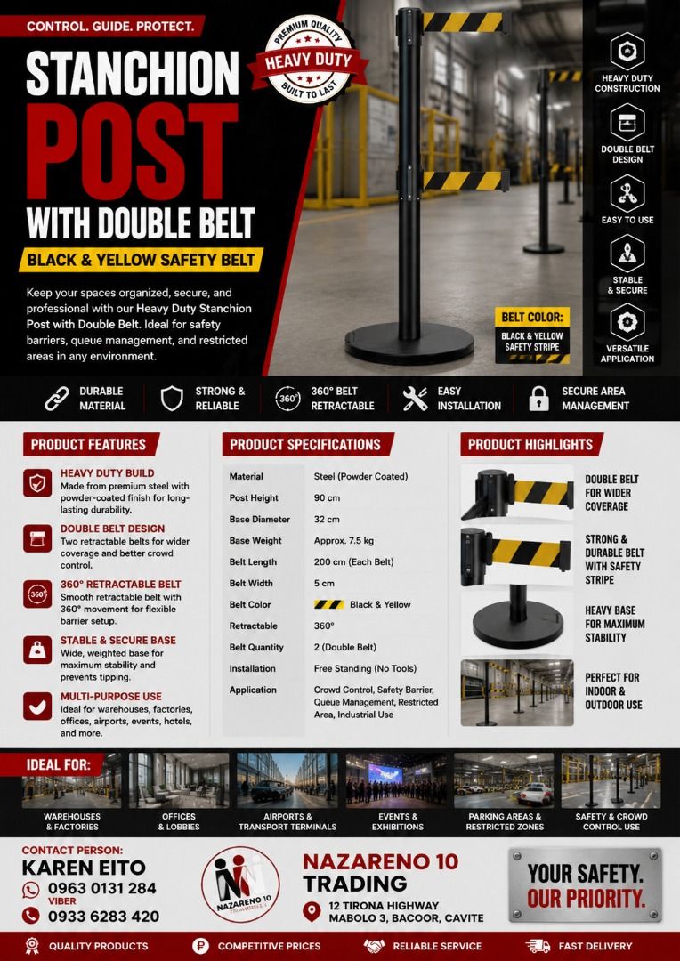 STANCHION POST WITH CAUTION BELT DOUBLE (Category: Looking For) located in Bacoor. Submitted by kajezame.2021 (Listing ID 1461625207, Image 1). Description: STANCHION POST WITH CAUTION BELT DOUBLE For More Details and Discount Contact Ms. Karen NAZARENO 10 TRADING 0963 0131 284 0933 6283 420 0956 7028 557 0933 8559 510 Landline: Look for Ms. Karen (046 ) 416 3920 Also available: • Traffic cone • Parking Block stopper • Hooded trash bin • Road Pla
