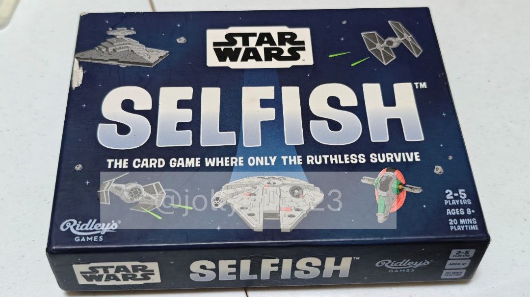 Star Wars Selfish Card Game (Category: Board Games & Puzzles) located in Quezon City. Submitted by jollyjuly123 (Listing ID 1461665755, Image 1). Description: - Star Wars Selfish Card Game: The ruthless survival card game. - Players: 2-5 - Age: 8+ - Playtime: Approx. 20 minutes - Perfect for Star Wars fans! Condition: - Good as new - Played less than 5 times - Complete components RFS: - Need funds - Boardgame culling.
