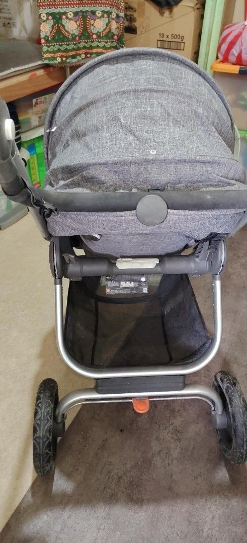 Stokke Stroller - Grey (Category: Strollers) located in Makati City. Submitted by livelion_c59905 (Listing ID 1461573120, Image 3). Description: - Grey Stokke stroller - Secure 5-point harness - Convenient storage basket underneath - Sun canopy for protection - Black wheels - Minor dust on frame and wheels, easily cleaned - Ready for a new loving home.