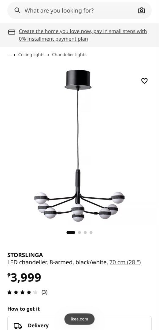 STORSLINGA LED Chandelier, 8-armed, Black/White (Category: Lighting) located in Manila. Submitted by alexcassan66173 (Listing ID 1461620700, Image 3). Description: - IKEA STORSLINGA LED Chandelier - Modern, minimalist design - Black and white finish - 8 arms - Ideal for living rooms or dining areas - Light bulbs included - Original Price: P3,999 - Selling Reason: Does not fit new space.