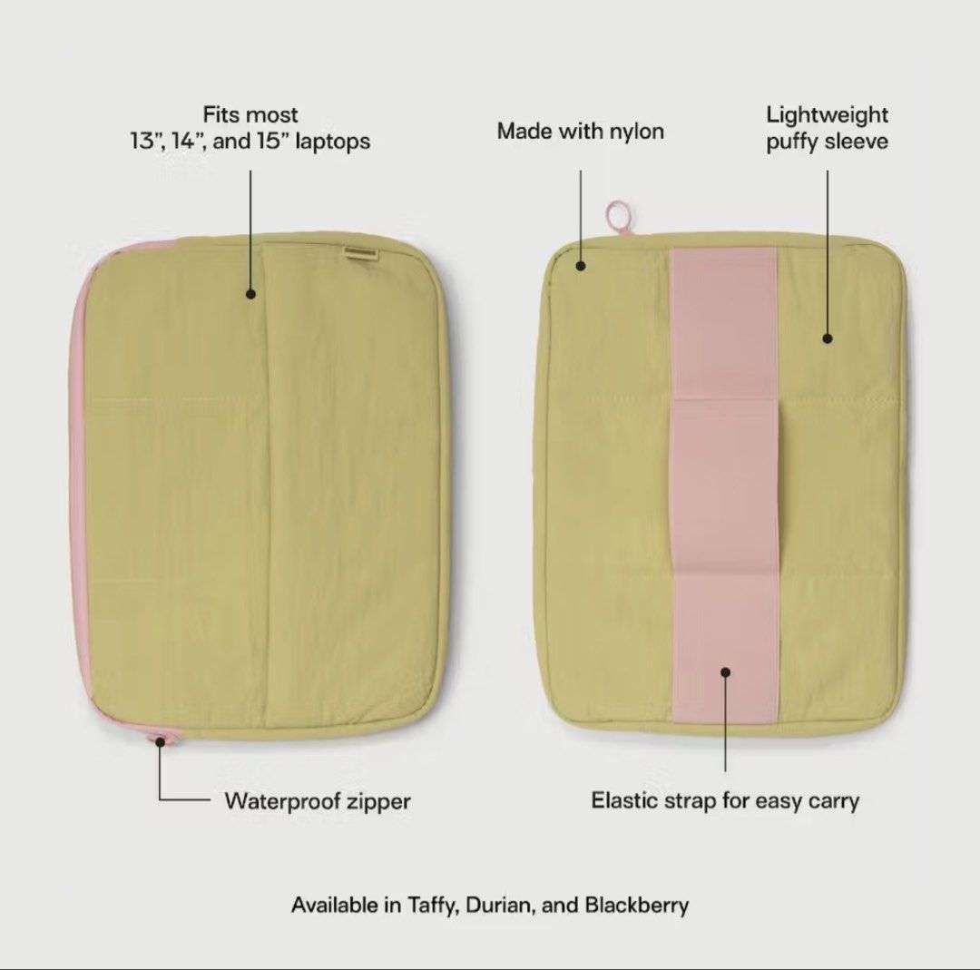 Sunnies Studios Lightweight Puffy Laptop Sleeve (Category: Laptop Bags & Sleeves) located in Dumangas. Submitted by tincajipo16 (Listing ID 1461577341, Image 2). Description: - Lightweight puffy laptop sleeve by Sunnies Studios - Made from durable nylon - Fits most 13", 14", and 15" laptops - Features a waterproof zipper for extra protection - Includes an elastic strap for convenient carrying - Available in Taffy, Durian, and Blackberry - Dimensi