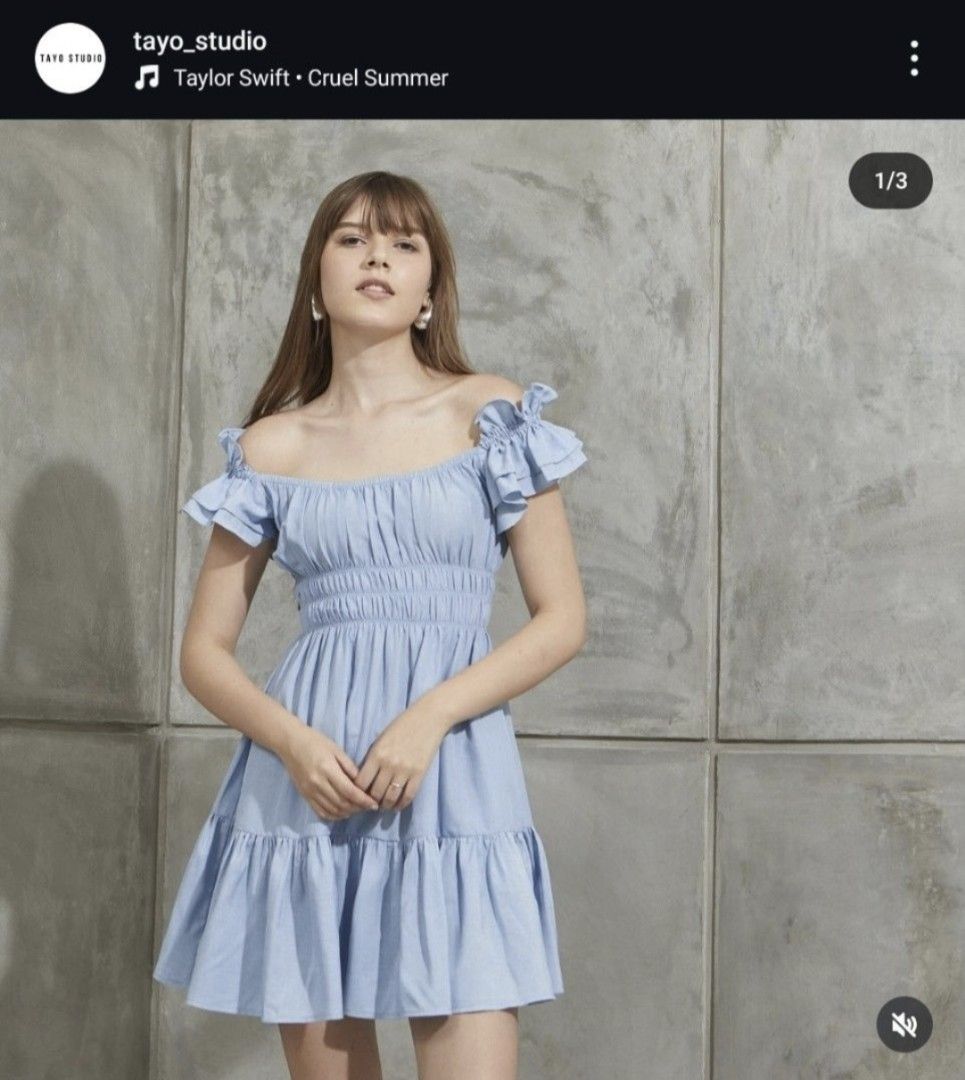 Tayo Studio - Poppy Dress (Category: Dresses) located in Taguig. Submitted by maryankenn (Listing ID 1461695986, Image 1). Description: - Cute blue mini dress from Tayo Studio - Off-shoulder design with ruffled sleeves - Smocked bodice for a comfortable fit - Tiered skirt for a playful look - Perfect for summer outings - Please check the size chart for accurate measurements.
