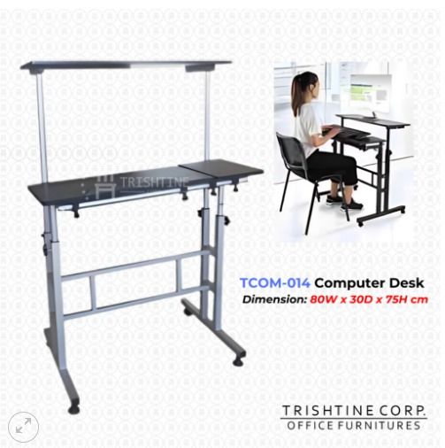 TCOM-014 | Adjustable Computer Table (Category: Office Furniture & Fixtures) located in Caloocan City. Submitted by jimkirt.tristine.ph (Listing ID 1461656868, Image 1). Description: Feature: Monitor desk separated to tabletop Adjustable height allows you to sit or stand Dimension: 80W x 30D x 75H cm DISCLAIMER: PRICE IS FOR POSTING PURPOSES ONLY.