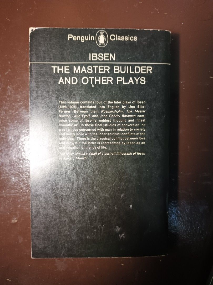 The Master Builder and Other Plays by Ibsen (Category: Storybooks) located in San Jose. Submitted by otto_wan13 (Listing ID 1461713642, Image 2). Description: It has tanning and some tiny folds in the back cover. Overall good condition.