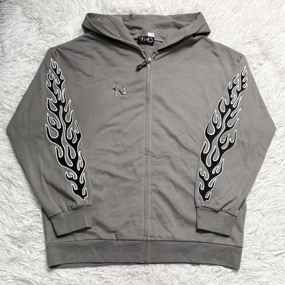 Thug Club (Category: Hoodies) located in Baguio. Submitted by sellingtonshop (Listing ID 1461586432, Image 2). Description: r15. Thug Club Leather flame zip-up hoodie Size: M oversized fits L Dimes: 29*27 Condition: excellent Issue: small stain on both cuffs Mine: 1080 Steal: 1280 Grab: 1480.
