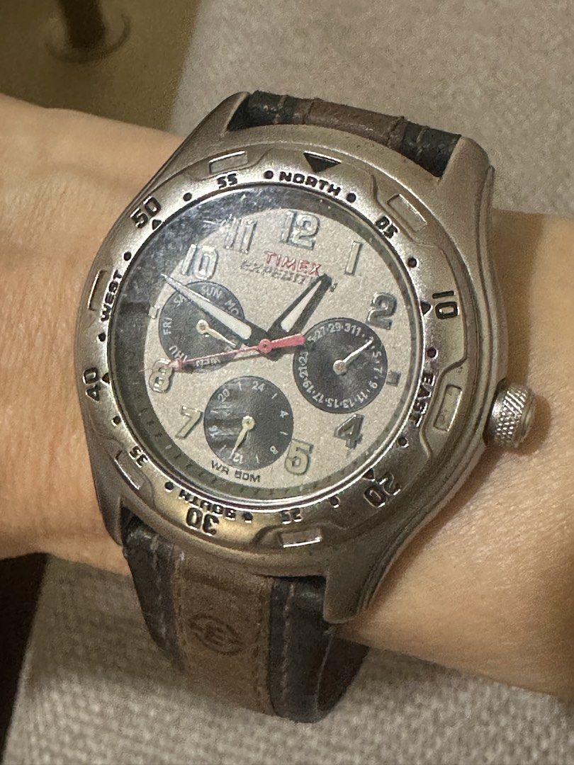 Timex Expedition Rare Watch (Category: Men's Watches) located in Manila. Submitted by roseluxuryitems (Listing ID 1461598452, Image 3). Description: - Timex Expedition watch - Genuine leather strap - Multiple subdials: day, date, 24-hour time - Water resistant up to 50 meters - Rugged, outdoorsy design - Ideal for everyday use and adventures.