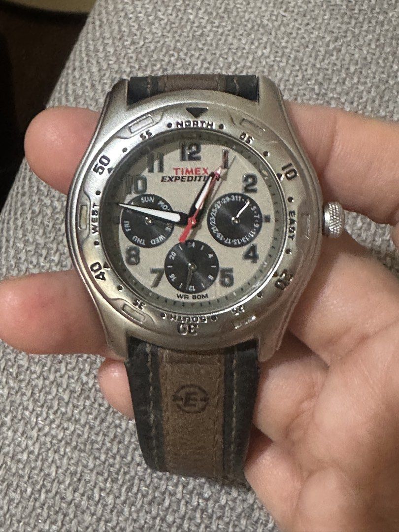 Timex Expedition Rare Watch (Category: Men's Watches) located in Manila. Submitted by roseluxuryitems (Listing ID 1461598452, Image 2). Description: - Timex Expedition watch - Genuine leather strap - Multiple subdials: day, date, 24-hour time - Water resistant up to 50 meters - Rugged, outdoorsy design - Ideal for everyday use and adventures.