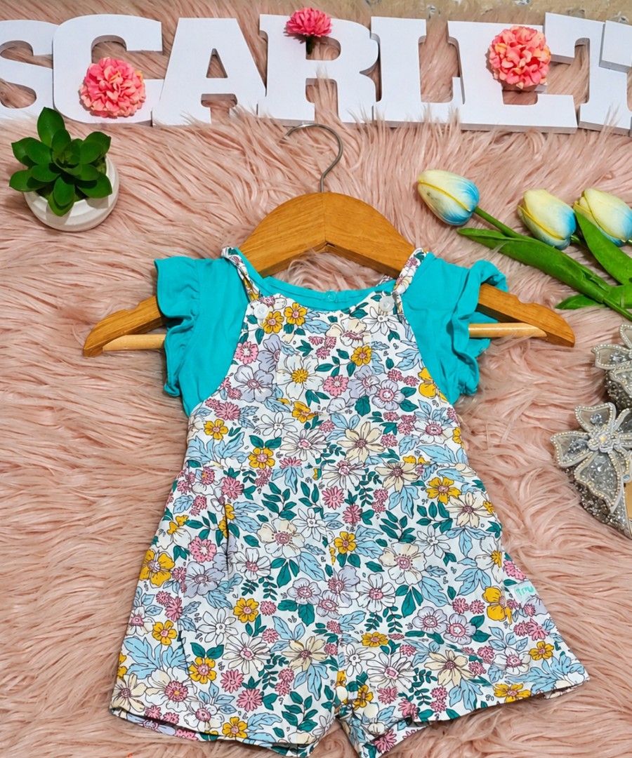 Tiny Tummies Floral Romper 3-6 Months (Category: Babies & Kids Fashion) located in Manila. Submitted by hailee_s29 (Listing ID 1461737906, Image 2). Description: - Cute floral romper from Tiny Tummies - Teal top with floral print romper - Ruffle sleeves - Criss-cross straps at the back - Button closure at the back neck - Perfect for your little one - Size: 3-6 months.