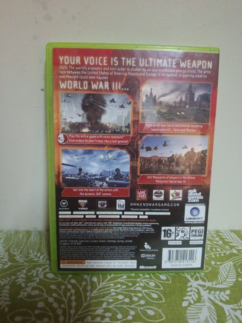 Tom Clancy's EndWar Xbox 360 Game (Category: Xbox) located in Muntinlupa City. Submitted by markkeub (Listing ID 1461751220, Image 2). Description: - Tom Clancy's EndWar for Xbox 360 - Experience World War III with innovative voice command gameplay - Fight on realistic battlefields: Washington D.C., Paris, Moscow - Engage in massive online multiplayer battles - Immerse yourself in the iconic Tom Clancy universe pick up alabang send sameday lalamo