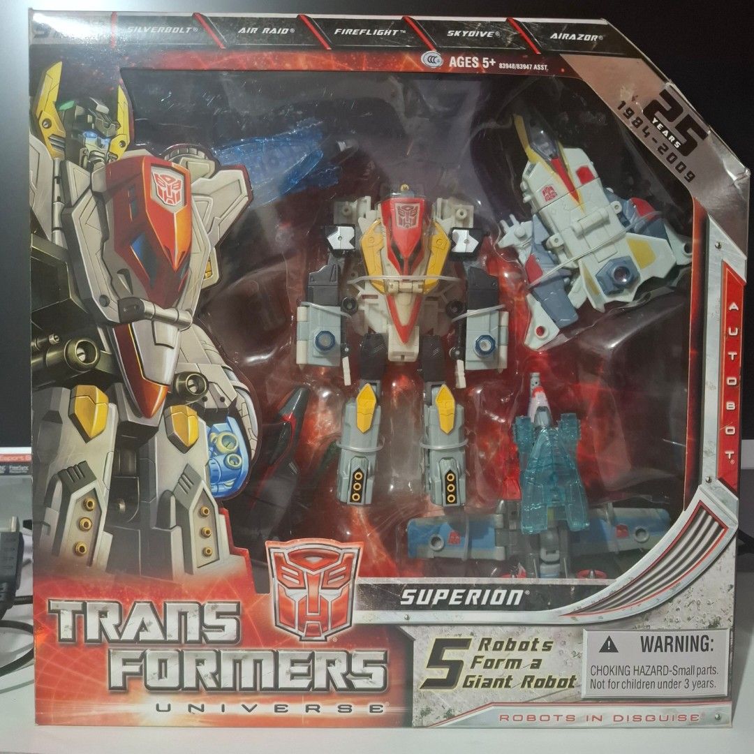 Transformers Universe Superion 25th Anniversary (Category: Figurines & Statues) located in Las Pinas. Submitted by speedy.caveman30 (Listing ID 1461617339, Image 1). Description: FS: Transformers Universe Superion 25th Anniversary - set includes 5 figures which can transform from veh to robot, and can combine to form 1 Big robot called Superion - item is BIB (Back In Box). Displayed only and not played with Price: Php 1,500 MOP: Gcash, Gotyme or 