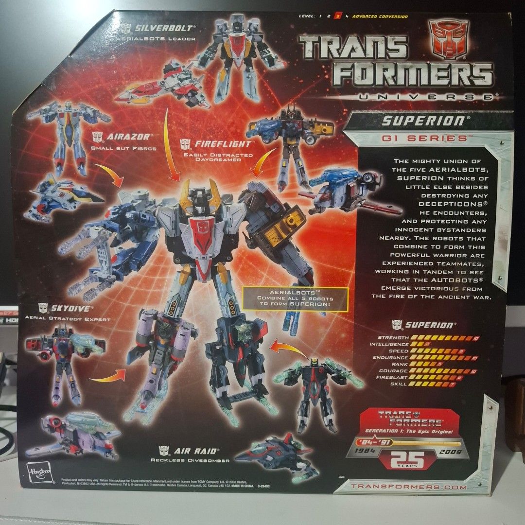 Transformers Universe Superion 25th Anniversary (Category: Figurines & Statues) located in Las Pinas. Submitted by speedy.caveman30 (Listing ID 1461617339, Image 2). Description: FS: Transformers Universe Superion 25th Anniversary - set includes 5 figures which can transform from veh to robot, and can combine to form 1 Big robot called Superion - item is BIB (Back In Box). Displayed only and not played with Price: Php 1,500 MOP: Gcash, Gotyme or 