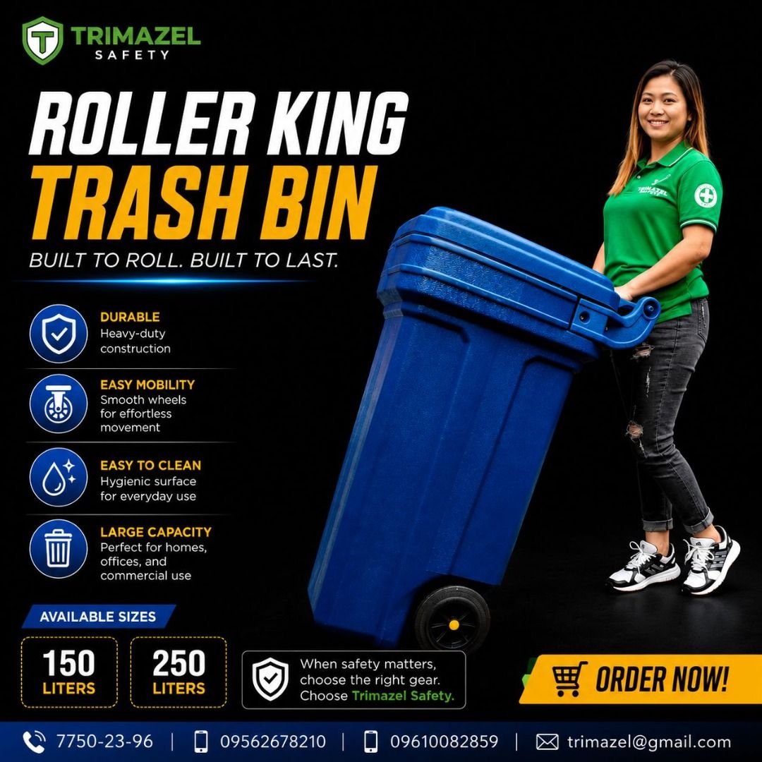 Trimazel Roller King Trash Bin - Durable & Large Capacity (Category: Looking For) located in Caloocan City. Submitted by trzl_liza14 (Listing ID 1461566933, Image 1). Description: ✅ Guaranteed lowest price ✅ Quality products ✅ Big discount for bulk orders ✅ 100% LEGIT TRUSTED SUPPLIER! ✅ With Complete Legal Documents ✅ BIR Registered We Supply All Kinds Of PPE Supplies, Raincoat, Hard Hat, Cooler Box, Plastic Trash Bin, Road Barriers, Kayak Boats