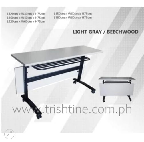 TRT-004 | Foldable Training Table with Caster Wheels (Category: Office Furniture & Fixtures) located in Caloocan City. Submitted by jimkirt.tristine.ph (Listing ID 1461619839, Image 1). Description: Material: Laminated Worktop and Modesty Powder coated Steel Legs Feature: folding feature with second layer with modesty panel with locking caster wheels Dimension: W120 x D40 x H75 cm | Beech, Gray W120 x D60 x H75 cm | Light Gray W160 x D40 x H75 cm