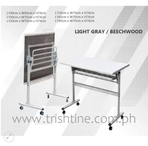 TRT-006 | Foldable Training Table with Caster Wheels (Category: Office Furniture & Fixtures) located in Caloocan City. Submitted by jimkirt.tristine.ph (Listing ID 1461619295, Image 1). Description: ₱14,600.00 – ₱18,900.00Price range: ₱14,600.00 through ₱18,900.00 Dimension: W100xD45xH74 cm W100xD70xH74 cm W120xD70xH74 cm W140xD70xH74 cm W150xD70xH74 cm W160xD70xH74 cm W180xD70xH74 cm Finish: Light gray, Woodgrain Material: MDF board, Steel Legs 
