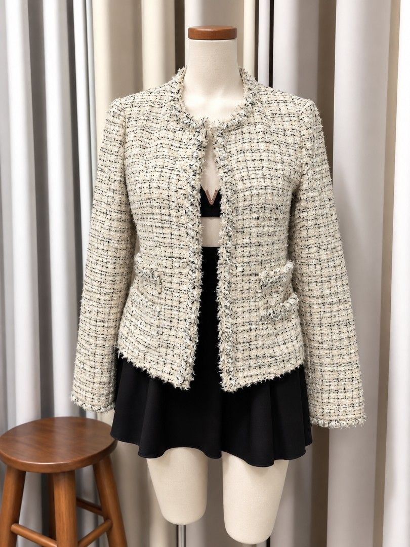 Tweed Cream Blazer (Category: Coats, Jackets and Outerwear) located in Taguig. Submitted by vm.co (Listing ID 1461658185, Image 1). Description: Perfect for: • Corporate office wear • Business travel • Smart casual outfits • Rainy or cool weather • Capsule wardrobe • Everyday sophisticated styling Condition: Appears to be in very good preloved condition with no visible major stains, tears, or discoloration in the photo. A light steam will give it