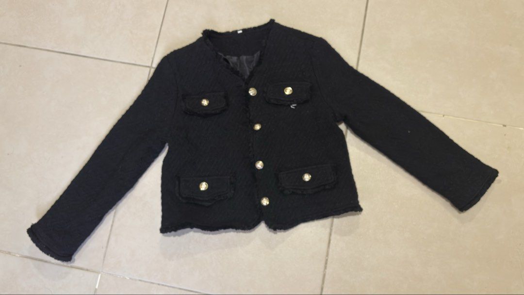 Tweed Jacket (Category: Coats, Jackets and Outerwear) located in Manila. Submitted by _maisonseconde (Listing ID 1461698799, Image 2). Description: Tweed Jacket in Black -w/ Jewelry Button - w/ lining from Bangkok Size: Large MOP - BP1/Shope3Pay MOD - same day delivery (based fr Pasay) Message for Inquiries :) .