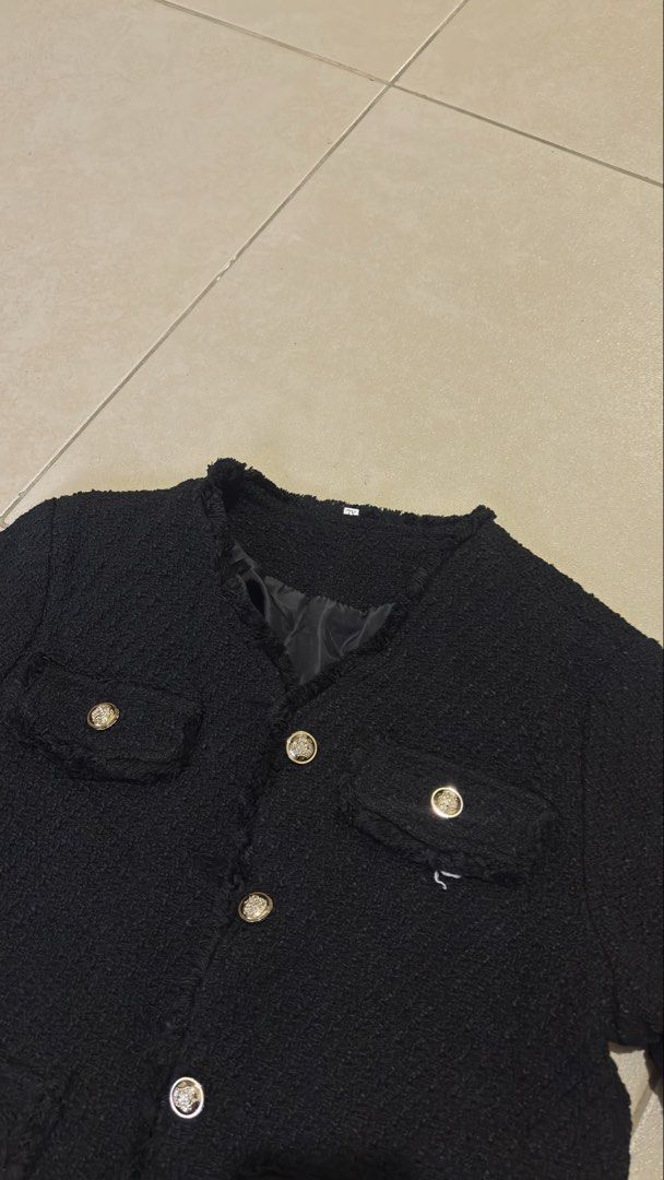 Tweed Jacket (Category: Coats, Jackets and Outerwear) located in Manila. Submitted by _maisonseconde (Listing ID 1461698799, Image 3). Description: Tweed Jacket in Black -w/ Jewelry Button - w/ lining from Bangkok Size: Large MOP - BP1/Shope3Pay MOD - same day delivery (based fr Pasay) Message for Inquiries :) .