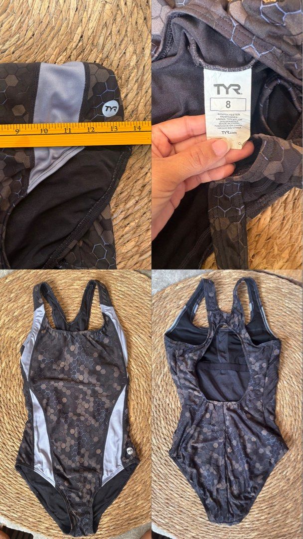 TYR One Piece Swimsuit Size 8 (Category: Bikinis & Swimsuits) located in Malabon City. Submitted by lheithriftshop (Listing ID 1461568172, Image 2). Description: - TYR One-Piece Swimsuit - Size: 8 - Color: Black with grey and light blue honeycomb pattern - Style: Racerback - Ideal for: Swimming or training - Material: Polyester and Lycra - Please check photos for detailed measurements.