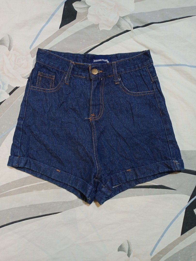 Unknown Dream Denim High-Waisted Shorts (Category: Shorts) located in Dumaguete. Submitted by morie_luna15 (Listing ID 1461562727, Image 1). Description: -Size: 24-25 - Brand: Unknown Dream - Style: Dark wash denim shorts - Fit: High-waisted - Closure: Button and zip - Details: Cuffed hems, classic five-pocket design - Occasion: Casual wear, versatile pairing with any top.