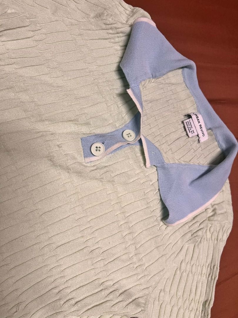 Urban Revivo Mint Green Top (Category: Shirts) located in Pasig City. Submitted by declutter.cay (Listing ID 1461657692, Image 1). Description: - Brand: Urban Revivo - Color: Mint Green - Style: Polo Top - Features: Textured fabric, contrast light blue collar and cuffs - Small to semi med.