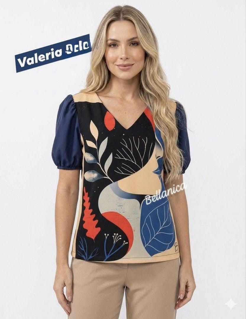 Valeria blue printed blouse (Category: Blouses) located in Taguig. Submitted by happy.viascloset (Listing ID 1461740226, Image 2). Description: waahed and untagged, never used, wrong size.