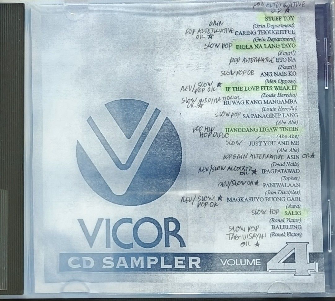 Vicor CD Sampler Volume 4 Music Compilation (Category: CDs & DVDs) located in Manila. Submitted by ruelcabrer77078 (Listing ID 1461772412, Image 1). Description: - Vicor CD Sampler Volume 4 - Features various OPM artists and songs - Includes tracks: 'Stuff Toy', 'Bigla Na Lang Tayo', 'Huwag Kang Mangamba' - Ideal for Filipino music collectors - This is a promo copy.