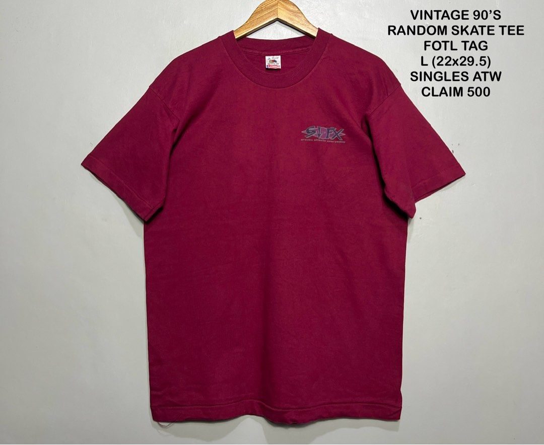 VINTAGE 90’S RANDOM SKATE TEE (Category: Tshirts & Polo Shirts ) located in Bulan. Submitted by moonfindsthrifteditems (Listing ID 1461718993, Image 2). Description: FOTL TAG L (22x29.5) SINGLES ATW CLAIM 500.