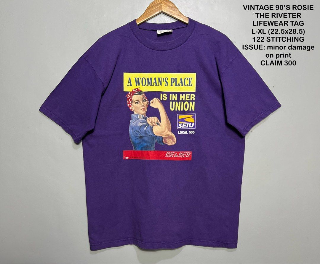 VINTAGE 90’S ROSIE THE RIVETER (Category: Shirts) located in Bulan. Submitted by moonfindsthrifteditems (Listing ID 1461720080, Image 1). Description: LIFEWEAR TAG L-XL (22.5x28.5) 122 STITCHING ISSUE: minor damage on print CLAIM 300.
