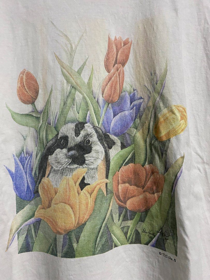 Vintage art tee (Category: Tshirts & Polo Shirts ) located in Manila. Submitted by callejage69430 (Listing ID 1461730378, Image 2). Description: 22 width 28 Length This is a vintage 1990s white t-shirt featuring a graphic illustration of a bunny rabbit nestled among colorful tulips.